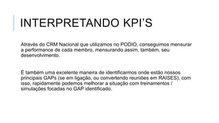 INTERPRETANDO KPI’S
Através do CRM Nacional que utilizamos no PODIO, conseguimos mensurar
a performance de cada membro, mensurando assim, também, seu
desenvolvimento.

É também uma excelente maneira de identificarmos onde estão nossos
principais GAPs (se em ligação, ou convertendo reuniões em RAISES), com
isso, rapidamente podemos melhorar a situação com treinamentos /
simulações focadas no GAP identificado.

 