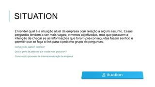 SITUATION
Entender qual é a situação atual da empresa com relação a algum assunto. Essas
perguntas tendem a ser mais vagas, e menos objetivadas, mas que possuem a
intenção de checar se as informações que foram pré-conseguidas fazem sentido e
permitir que se faça o link para o próximo grupo de perguntas.
Como vocês captam talentos?

Qual o perfil de pessoas que vocês mais procuram?
Como está o processo de internacionalização da empresa

 