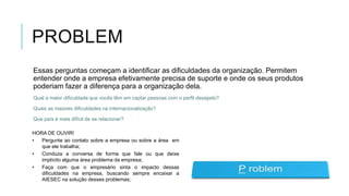 PROBLEM
Essas perguntas começam a identificar as dificuldades da organização. Permitem
entender onde a empresa efetivamente precisa de suporte e onde os seus produtos
poderiam fazer a diferença para a organização dela.
Qual a maior dificuldade que vocês têm em captar pessoas com o perfil desejado?
Quais as maiores dificuldades na internacionalização?
Que país é mais difícil de se relacionar?
HORA DE OUVIR!
•
Pergunte ao contato sobre a empresa ou sobre a área em
que ele trabalha;
•
Conduza a conversa de forma que fale ou que deixe
implícito alguma área problema da empresa;
•
Faça com que o empresário sinta o impacto dessas
dificuldades na empresa, buscando sempre encaixar a
AIESEC na solução desses problemas;

 