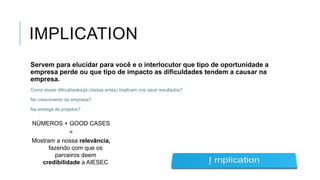 IMPLICATION
Servem para elucidar para você e o interlocutor que tipo de oportunidade a
empresa perde ou que tipo de impacto as dificuldades tendem a causar na
empresa.
Como essas dificuldades(já citadas antes) implicam nos seus resultados?
No crescimento da empresa?
Na entrega de projetos?

NÚMEROS + GOOD CASES
=
Mostram a nossa relevância,
fazendo com que os
parceiros deem
credibilidade a AIESEC

 
