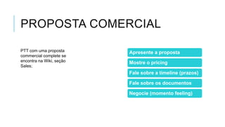PROPOSTA COMERCIAL
PTT com uma proposta
commercial complete se
encontra na Wiki, seção
Sales;

Apresente a proposta
Mostre o pricing
Fale sobre a timeline (prazos)
Fale sobre os documentos
Negocie (momento feeling)

 