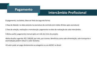 Pagamento

Intercâmbio Profissional

O pagamento, via boleto, deve ser feito da seguinte forma:
1.Taxa de Adesão: na data prevista na assinatura do contrato (em média 30 dias após assinatura)
2.Taxa de seleção, realização e manutenção: pagamento na data de realização de cada intercâmbio
3.Bolsa auxílio: pagamento mensal após um mês do início do projeto.
•Bolsa Auxílio sugerida: R$ 2.500,00, por mês, por trainee. Benefícios como vale-alimentação, vale-transporte e
acomodação podem reduzir o valor da bolsa.
•O valor pode ser pago diretamente ao estagiário ou via AIESEC no Brasil.

 