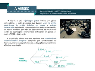 A AIESEC

Reconhecida pela UNESCO como a maior
organização de jovens universitários do mundo.

A AIESEC é uma organização global formada por jovens
universitários e recém-graduados que buscam viver na prática
experiências de gestão, trabalho em equipe e vivência
internacional. Exploramos e desenvolvemos o potencial de liderança
de nossos membros por meio de oportunidades de voluntariado
dentro da organização e intercâmbios profissionais em países nos
quais a AIESEC está presente.
A organização oferece aos seus membros uma experiência de
desenvolvimento integrada composta por oportunidades de
liderança, intercâmbios profissionais e participação em um ambiente
global de aprendizado.

 