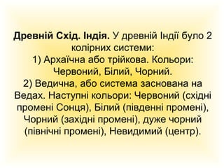 Древній Схід. Індія. У древній Індії було 2
колірних системи:
1) Архаїчна або трійкова. Кольори:
Червоний, Білий, Чорний.
2) Ведична, або система заснована на
Ведах. Наступні кольори: Червоний (східні
промені Сонця), Білий (південні промені),
Чорний (західні промені), дуже чорний
(північні промені), Невидимий (центр).

 