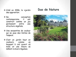  Créé en 2006, le «jardin
des apprentis».

 De
conception
contemporaine,
il
est
construit comme un jeu
permanent
entre
une
structure végétale.
 Une serpentine de couleur
qui se joue des limites de
l’espace.
 C’est un jardin haut
couleurs,
comme
bouquet à ciel ouvert
mille et une fleurs
mêlent à divers légumes.

en
un
où
se

Duo de Nature

 