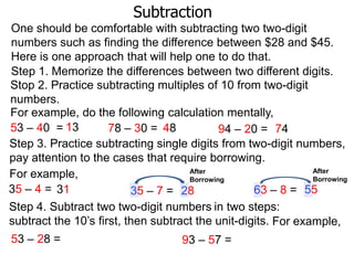 Subtraction
One should be comfortable with subtracting two two-digit
numbers such as finding the difference between $28 and $45.
Here is one approach that will help one to do that.
Step 1. Memorize the differences between two different digits.
Stop 2. Practice subtracting multiples of 10 from two-digit
numbers.
For example, do the following calculation mentally,
53 – 40 = 13
78 – 30 = 48
94 – 20 = 74
Step 3. Practice subtracting single digits from two-digit numbers,
pay attention to the cases that require borrowing.
After
After
For example,
Borrowing
Borrowing
35 – 4 = 31
63 – 8 = 55
35 – 7 = 28
Step 4. Subtract two two-digit numbers in two steps:
subtract the 10‟s first, then subtract the unit-digits. For example,
53 – 28 =
93 – 57 =

 