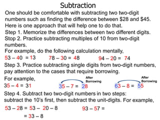 Subtraction
One should be comfortable with subtracting two two-digit
numbers such as finding the difference between $28 and $45.
Here is one approach that will help one to do that.
Step 1. Memorize the differences between two different digits.
Stop 2. Practice subtracting multiples of 10 from two-digit
numbers.
For example, do the following calculation mentally,
53 – 40 = 13
78 – 30 = 48
94 – 20 = 74
Step 3. Practice subtracting single digits from two-digit numbers,
pay attention to the cases that require borrowing.
After
After
For example,
Borrowing
Borrowing
35 – 4 = 31
63 – 8 = 55
35 – 7 = 28
Step 4. Subtract two two-digit numbers in two steps:
subtract the 10‟s first, then subtract the unit-digits. For example,
53 – 28 = 53 – 20 – 8
93 – 57 =
= 33 – 8

 