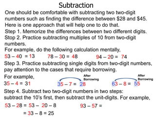 Subtraction
One should be comfortable with subtracting two two-digit
numbers such as finding the difference between $28 and $45.
Here is one approach that will help one to do that.
Step 1. Memorize the differences between two different digits.
Stop 2. Practice subtracting multiples of 10 from two-digit
numbers.
For example, do the following calculation mentally,
53 – 40 = 13
78 – 30 = 48
94 – 20 = 74
Step 3. Practice subtracting single digits from two-digit numbers,
pay attention to the cases that require borrowing.
After
After
For example,
Borrowing
Borrowing
35 – 4 = 31
63 – 8 = 55
35 – 7 = 28
Step 4. Subtract two two-digit numbers in two steps:
subtract the 10‟s first, then subtract the unit-digits. For example,
53 – 28 = 53 – 20 – 8
93 – 57 =
= 33 – 8 = 25

 