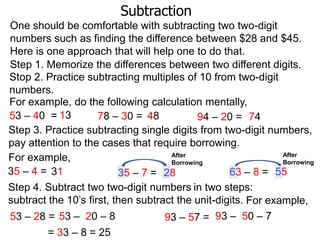 Subtraction
One should be comfortable with subtracting two two-digit
numbers such as finding the difference between $28 and $45.
Here is one approach that will help one to do that.
Step 1. Memorize the differences between two different digits.
Stop 2. Practice subtracting multiples of 10 from two-digit
numbers.
For example, do the following calculation mentally,
53 – 40 = 13
78 – 30 = 48
94 – 20 = 74
Step 3. Practice subtracting single digits from two-digit numbers,
pay attention to the cases that require borrowing.
After
After
For example,
Borrowing
Borrowing
35 – 4 = 31
63 – 8 = 55
35 – 7 = 28
Step 4. Subtract two two-digit numbers in two steps:
subtract the 10‟s first, then subtract the unit-digits. For example,
53 – 28 = 53 – 20 – 8
93 – 57 = 93 – 50 – 7
= 33 – 8 = 25

 