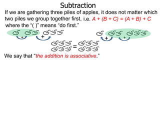 Subtraction
If we are gathering three piles of apples, it does not matter which
two piles we group together first, i.e. A + (B + C) = (A + B) + C
where the “( )” means “do first.”
+

+

+

=
We say that “the addition is associative.”

+

 