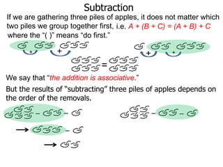 Subtraction
If we are gathering three piles of apples, it does not matter which
two piles we group together first, i.e. A + (B + C) = (A + B) + C
where the “( )” means “do first.”

+

+

+

+

=
We say that “the addition is associative.”
But the results of “subtracting” three piles of apples depends on
the order of the removals.
–

–
–

–

–

 