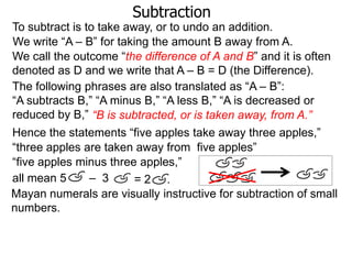 Subtraction
To subtract is to take away, or to undo an addition.
We write “A – B” for taking the amount B away from A.
We call the outcome “the difference of A and B” and it is often
denoted as D and we write that A – B = D (the Difference).
The following phrases are also translated as “A – B”:
“A subtracts B,” “A minus B,” “A less B,” “A is decreased or
reduced by B,” “B is subtracted, or is taken away, from A.”
Hence the statements “five apples take away three apples,”
“three apples are taken away from five apples”
“five apples minus three apples,”
all mean 5
– 3
=2 .
Mayan numerals are visually instructive for subtraction of small
numbers.

 
