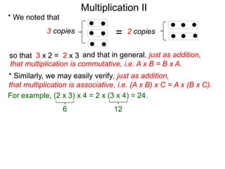 Multiplication II
* We noted that
3 copies

=

2 copies

so that 3 x 2 = 2 x 3 and that in general, just as addition,
that multiplication is commutative, i.e. A x B = B x A.

* Similarly, we may easily verify, just as addition,
that multiplication is associative, i.e. (A x B) x C = A x (B x C).
For example, (2 x 3) x 4 = 2 x (3 x 4) = 24.
6

12

 