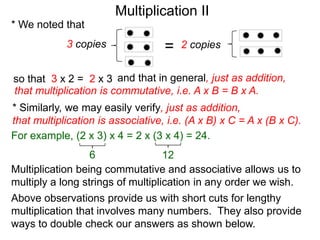 Multiplication II
* We noted that
3 copies

=

2 copies

so that 3 x 2 = 2 x 3 and that in general, just as addition,
that multiplication is commutative, i.e. A x B = B x A.

* Similarly, we may easily verify, just as addition,
that multiplication is associative, i.e. (A x B) x C = A x (B x C).
For example, (2 x 3) x 4 = 2 x (3 x 4) = 24.
6
12
Multiplication being commutative and associative allows us to
multiply a long strings of multiplication in any order we wish.
Above observations provide us with short cuts for lengthy
multiplication that involves many numbers. They also provide
ways to double check our answers as shown below.

 