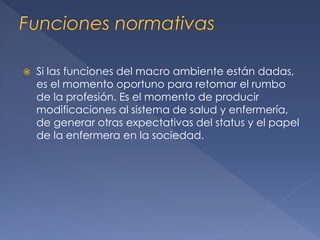 

Si las funciones del macro ambiente están dadas,
es el momento oportuno para retomar el rumbo
de la profesión. Es el momento de producir
modificaciones al sistema de salud y enfermería,
de generar otras expectativas del status y el papel
de la enfermera en la sociedad.

 