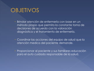  Brindar atención de enfermería con base en un
método propio que permita la constante toma de
decisiones de acuerdo con la valoración
diagnóstica y el tratamiento de enfermería.
 Coordinar las acciones del equipo de salud que la
atención medica del paciente demande.
 Proporcionar al paciente y sus familiares educación
para el auto cuidado responsable de la salud.

 
