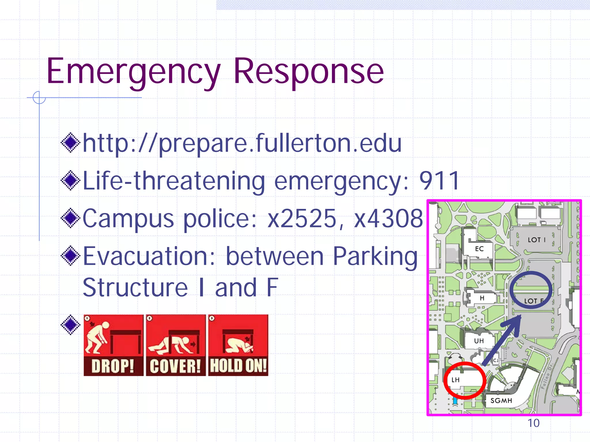 Emergency Response
http://prepare.fullerton.edu
Life-threatening emergency: 911
Campus police: x2525, x4308
Evacuation: between Parking
Structure I and F
Earthquake

10

 