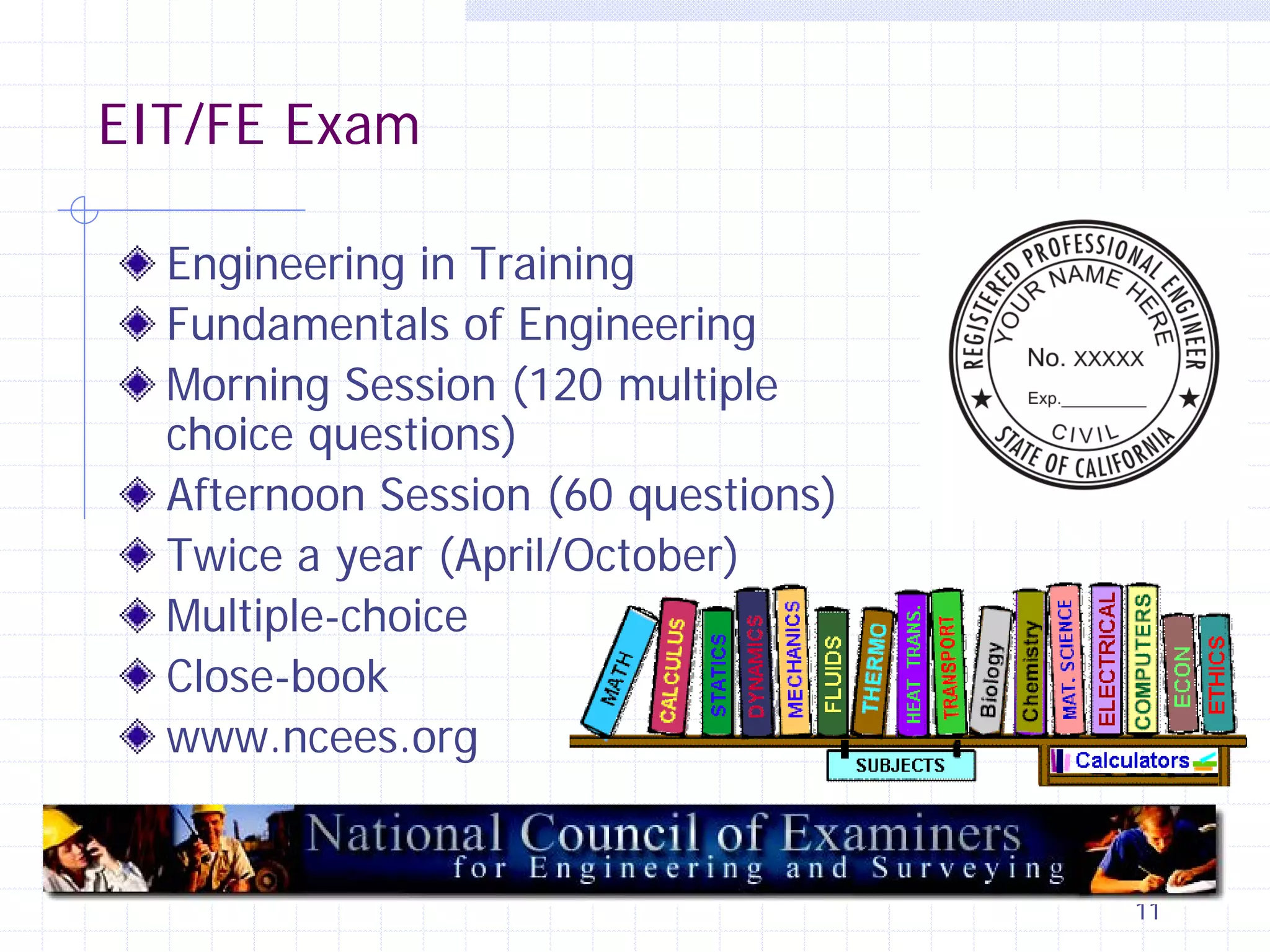 EIT/FE Exam
Engineering in Training
Fundamentals of Engineering
Morning Session (120 multiple
choice questions)
Afternoon Session (60 questions)
Twice a year (April/October)
Multiple-choice
Close-book
www.ncees.org

11

 