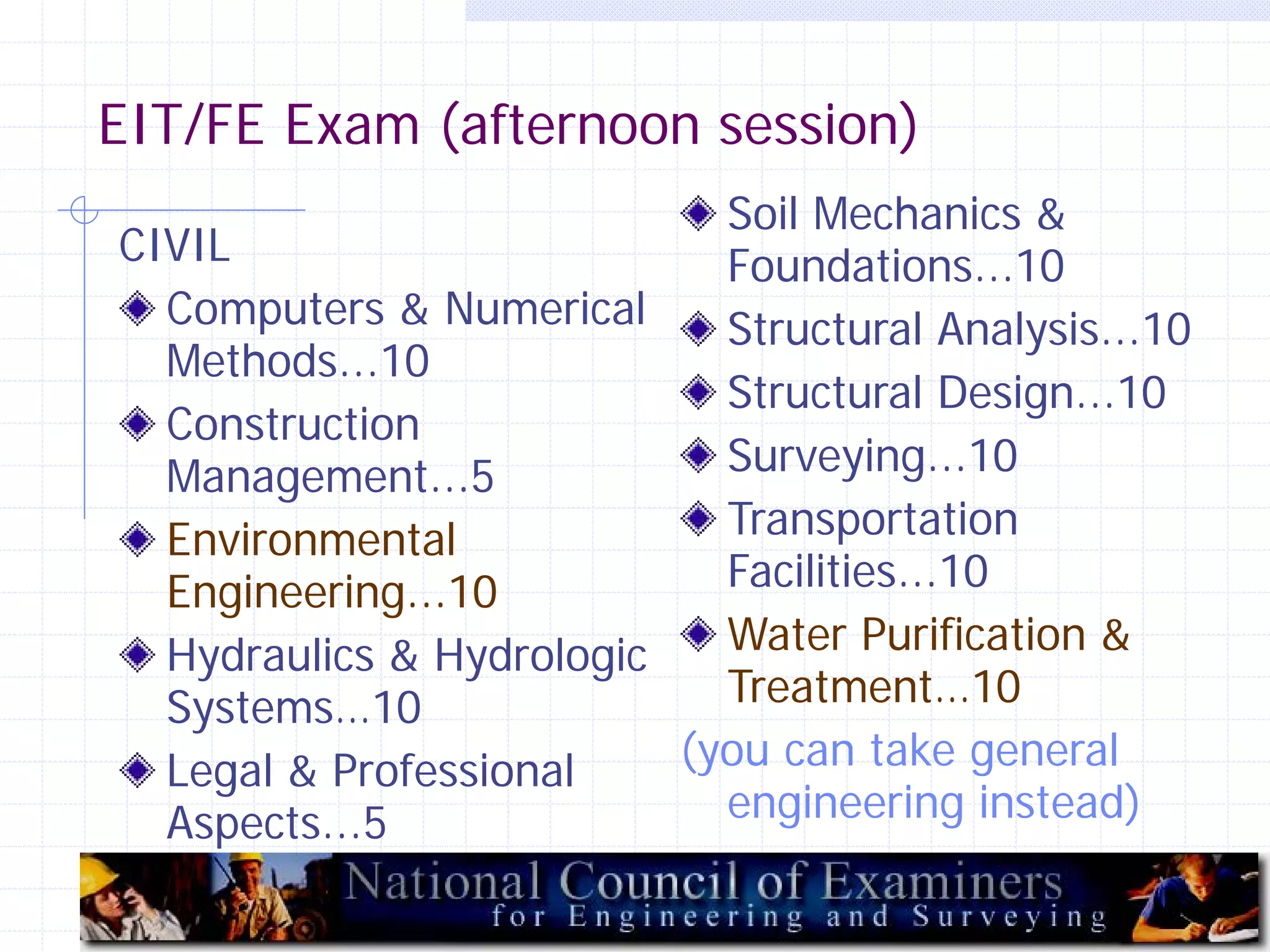 EIT/FE Exam (afternoon session)
Soil Mechanics &
CIVIL
Foundations...10
Computers & Numerical
Structural Analysis...10
Methods...10
Structural Design...10
Construction
Surveying...10
Management...5
Transportation
Environmental
Facilities...10
Engineering...10
Water Purification &
Hydraulics & Hydrologic
Treatment…10
Systems…10
(you can take general
Legal & Professional
engineering instead)
Aspects...5
13

 