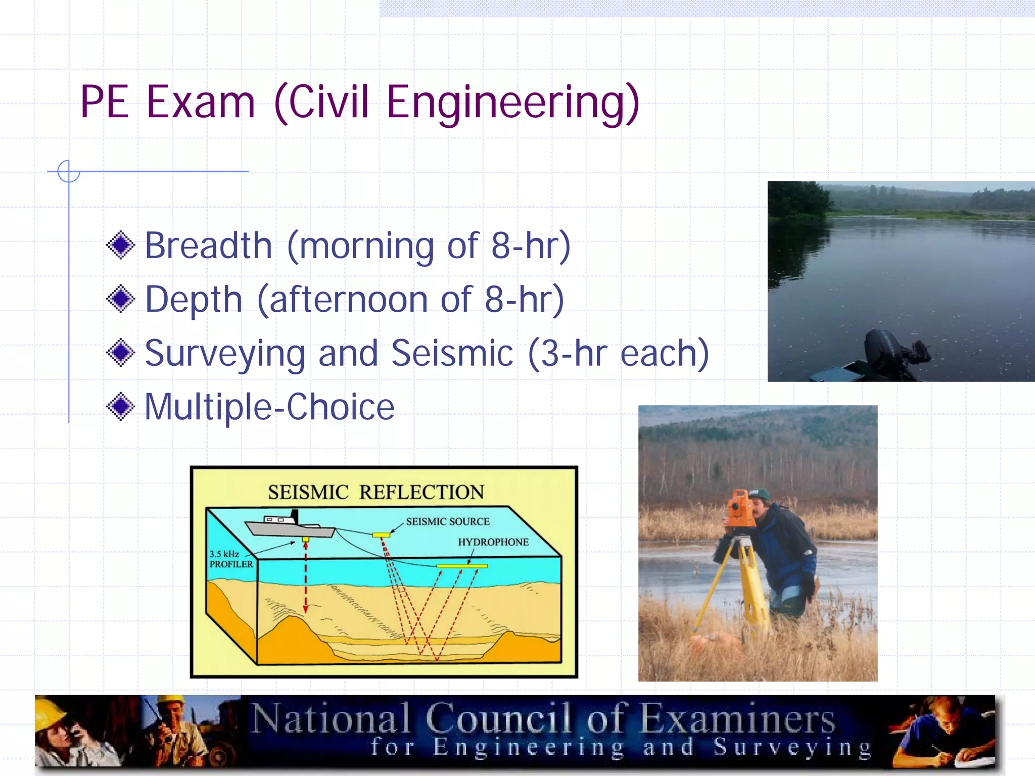 PE Exam (Civil Engineering)
Breadth (morning of 8-hr)
Depth (afternoon of 8-hr)
Surveying and Seismic (3-hr each)
Multiple-Choice

14

 