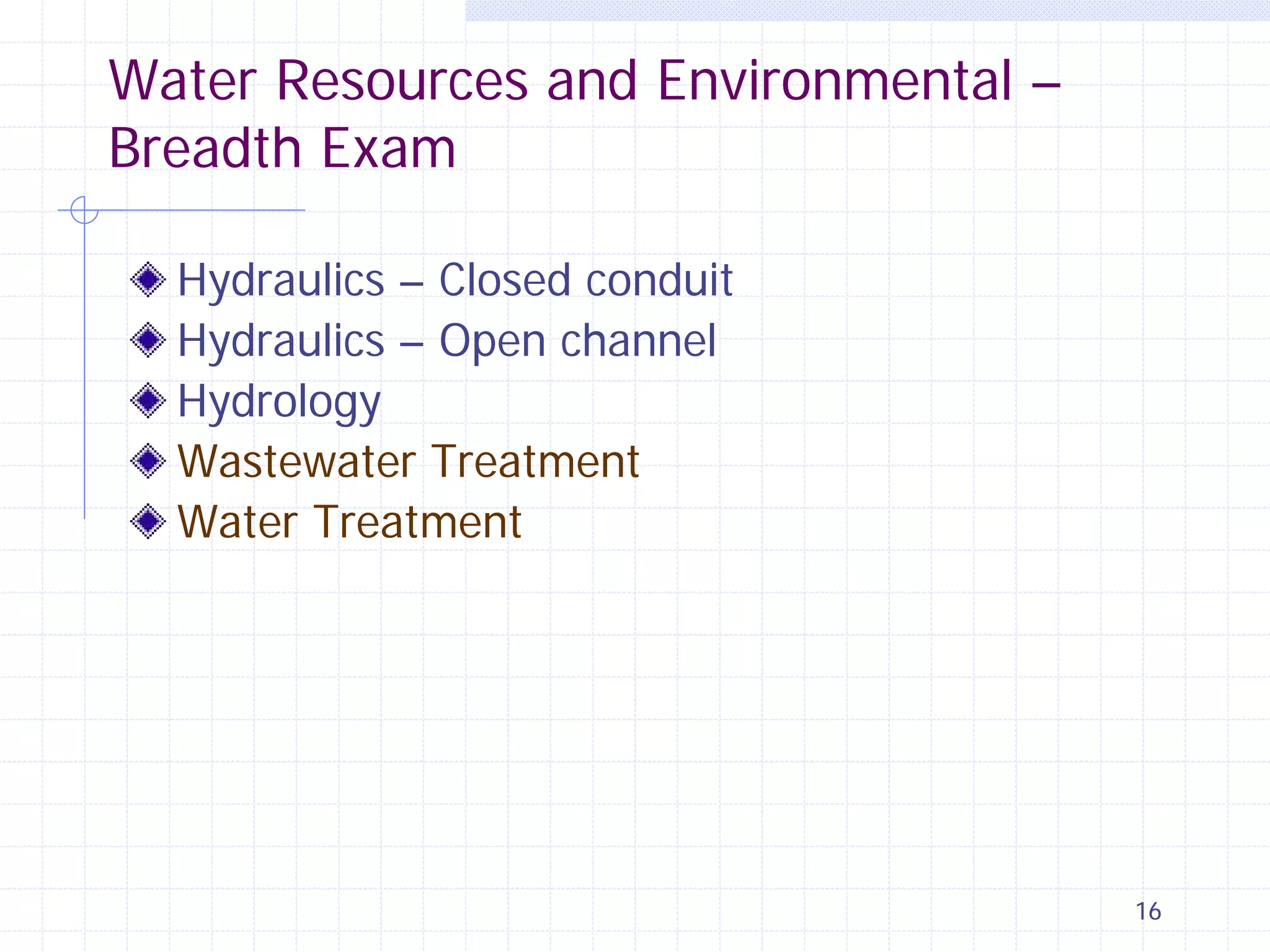 Water Resources and Environmental –
Breadth Exam
Hydraulics – Closed conduit
Hydraulics – Open channel
Hydrology
Wastewater Treatment
Water Treatment

16

 