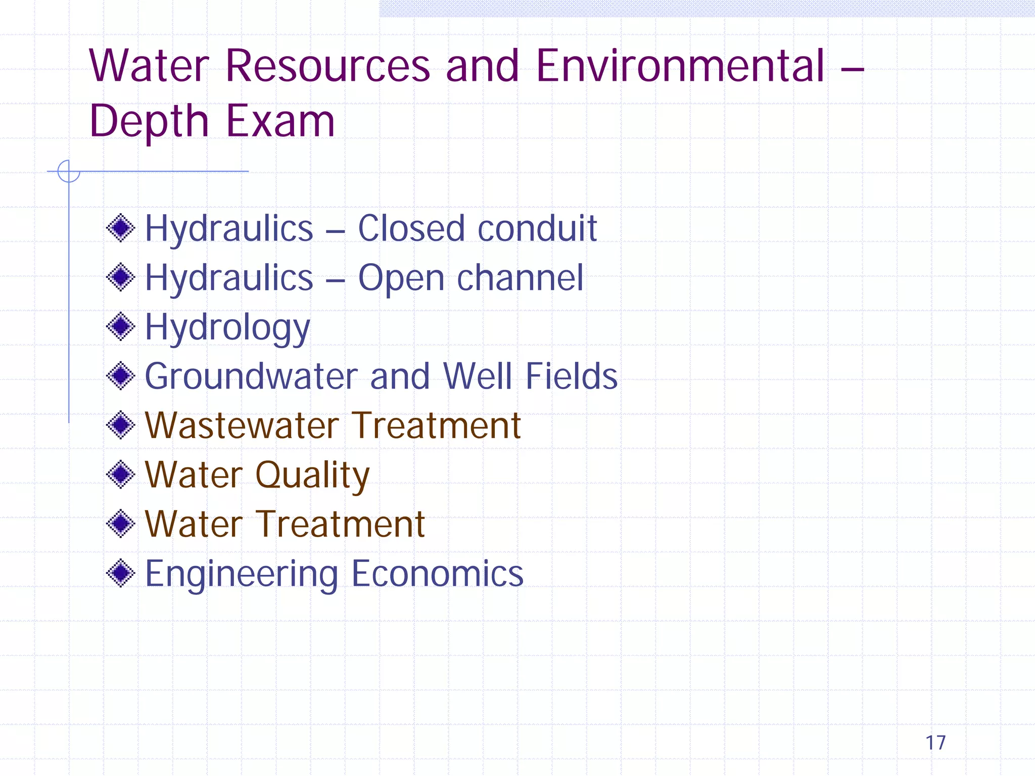Water Resources and Environmental –
Depth Exam
Hydraulics – Closed conduit
Hydraulics – Open channel
Hydrology
Groundwater and Well Fields
Wastewater Treatment
Water Quality
Water Treatment
Engineering Economics

17

 