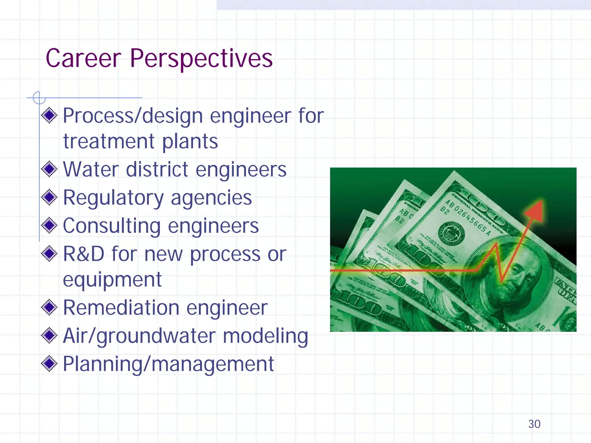 Career Perspectives
Process/design engineer for
treatment plants
Water district engineers
Regulatory agencies
Consulting engineers
R&D for new process or
equipment
Remediation engineer
Air/groundwater modeling
Planning/management
30

 