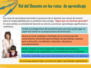Rol del Docente en las rutas de aprendizaje
Las rutas de aprendizaje demandan la presencia de un docente que asuma de manera
plena la responsabilidad que su profesión trae consigo, “lograr que sus alumnos aprendan”
En este sentido, la actividad del docente se orienta a promover aprendizajes significativos y
auténticos.
Facilita el protagonismo del estudiante para que éste pueda jugar un
papel más activo en su propio proceso de formación.
Asume el rol de mediador o facilitador de la construcción del
conocimiento, ofreciendo oportunidades de aprendizaje, espacios
para la discusión y la reflexión, materiales educativos,
retroalimentación.
Diseña creativa e intencionalmente actividades generadoras y
desarrolladoras de capacidades y conocimientos en los estudiantes.
Presenta contenidos que sean culturalmente pertinentes a los alumnos
Se preocupa porque todos sus alumnos logren aprendizajes significativos.

 