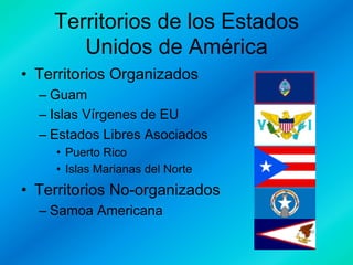 Territorios de los Estados
Unidos de América
•  Territorios Organizados
–  Guam
–  Islas Vírgenes de EU
–  Estados Libres Asociados
•  Puerto Rico
•  Islas Marianas del Norte

•  Territorios No-organizados
–  Samoa Americana

 