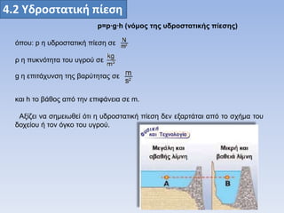 4.2 Υδροςτατικι πίεςθ
p=p·g·h (νόμος ηης σδροζηαηικής πίεζης)
όπνπ: p ε πδξνζηαηηθή πίεζε ζε

ξ ε ππθλόηεηα ηνπ πγξνύ ζε
g ε επηηάρπλζε ηεο βαξύηεηαο ζε
θαη h ην βάζνο από ηελ επηθάλεηα ζε m.
Αμίδεη λα ζεκεησζεί όηη ε πδξνζηαηηθή πίεζε δελ εμαξηάηαη από ην ζρήκα ηνπ
δνρείνπ ή ηνλ όγθν ηνπ πγξνύ.

 