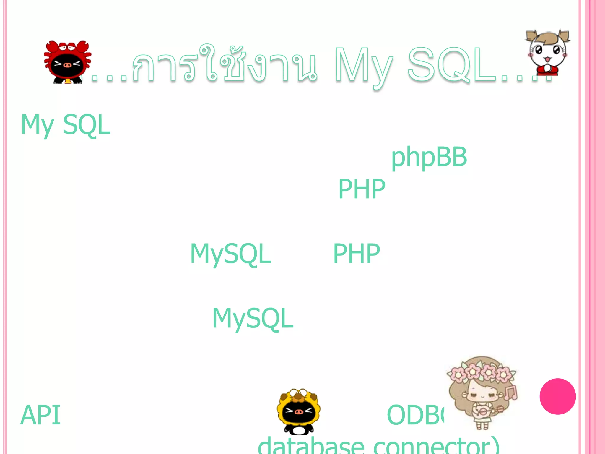 My SQL
PHP
MySQL

phpBB

PHP

MySQL
API

ODBC

 