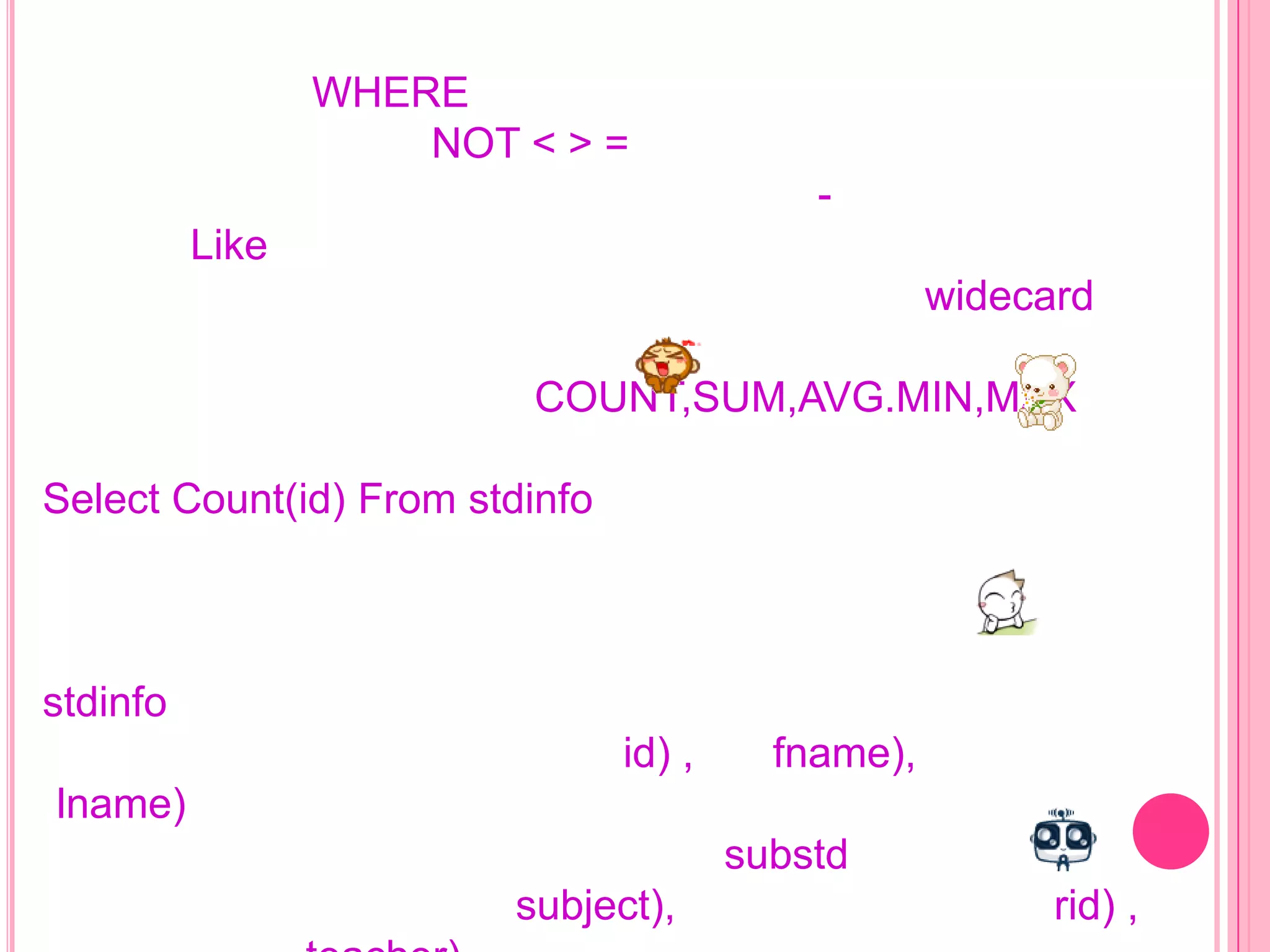 WHERE
NOT < > =
Like
widecard
COUNT,SUM,AVG.MIN,MAX
Select Count(id) From stdinfo

stdinfo

id) ,

fname),

lname)
substd
subject),

rid) ,

 