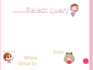 Select
Where
Group by
From