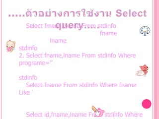 Select fmane,lname From stdinfo
fname
lname
stdinfo
2. Select fname,lname From stdinfo Where
programe=”
stdinfo
Select fname From stdinfo Where fname
Like „
Select id,fname,lname From stdinfo Where