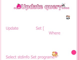 Update
Set [
Where
Select stdinfo Set programe=‟