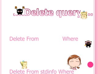 Delete From
Where
Delete From stdinfo Where