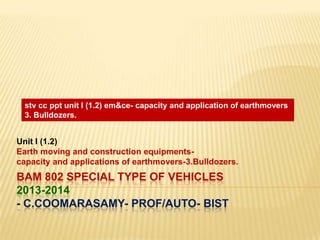 stv cc ppt unit I (1.2) em&ce- capacity and application of earthmovers
3. Bulldozers.

Unit I (1.2)
Earth moving and construction equipmentscapacity and applications of earthmovers-3.Bulldozers.

BAM 802 SPECIAL TYPE OF VEHICLES
2013-2014
- C.COOMARASAMY- PROF/AUTO- BIST

 