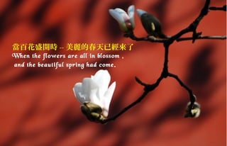 當百花盛開時 -- 美麗的春天已經來了
When the flowers are all in blossom ,
and the beautiful spring had come.

 