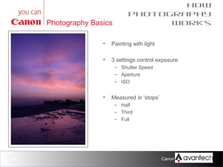 Photography Basics

How
photography
works

•

Painting with light

•

3 settings control exposure
– Shutter Speed
– Aperture
– ISO

•

Measured in ‘stops’
– Half
– Third
– Full

12

Canon Training Network.

 