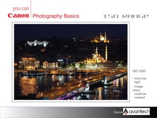 Photography Basics

ISO range

ISO 3200
1600
ISO 800
- Very low
- Low light
light
ISO 200
shooting
ISO 400
- Image
ISO 100
Image
Possibility
noise for
- Good
noise for
- Good be
of some
could
general
- Best quality
likely
image noise
lower light
marked
shooting

30

Canon Training Network.

 