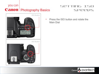 Photography Basics

Setting ISO
speeds

ISO Button

•

Press the ISO button and rotate the
Main Dial

ISO Button

31

Canon Training Network.

 