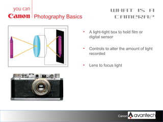 What is a
camera?

Photography Basics
•

•

Controls to alter the amount of light
recorded

•

7

A light-tight box to hold film or
digital sensor

Lens to focus light

Canon Training Network.

 