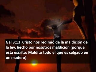 Gál 3:13 Cristo nos redimió de la maldición de
la ley, hecho por nosotros maldición (porque
está escrito: Maldito todo el que es colgado en
un madero).

 