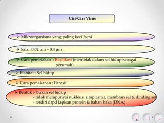 Ciri-Ciri Virus

 Mikroorganisma yang paling kecil/seni
 Saiz : 0.02 m – 0.4 m
 Cara pembiakan : Replikasi (membiak dalam sel hidup sebagai
perumah)
 Habitat : Sel hidup

 Cara pemakanan : Parasit
 Bentuk :- bukan sel hidup
- tidak mempunyai nukleus, sitoplasma, membran sel & dinding sel
- terdiri drpd lapisan protein & bahan baka (DNA)

 