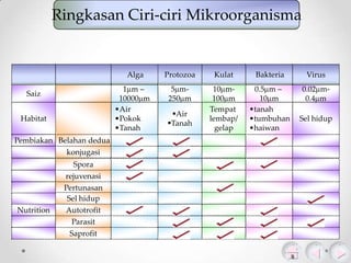 Ringkasan Ciri-ciri Mikroorganisma

Alga

1 m–
10000 m
•Air
•Pokok
•Tanah

Saiz
Habitat
Pembiakan Belahan dedua
konjugasi
Spora
rejuvenasi
Pertunasan
Sel hidup
Nutrition

Autotrofit
Parasit
Saprofit

Protozoa

Kulat

Bakteria

Virus

5 m250 m

10 m100 m
Tempat
lembap/
gelap

0.5 m –
10 m
•tanah
•tumbuhan
•haiwan

0.02 m0.4 m

Air
Tanah

Sel hidup

 