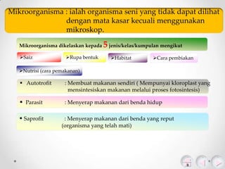 Mikroorganisma : ialah organisma seni yang tidak dapat dilihat
dengan mata kasar kecuali menggunakan
mikroskop.
Mikroorganisma dikelaskan kepada
Saiz

Rupa bentuk

5 jenis/kelas/kumpulan mengikut
Habitat

Cara pembiakan

Nutrisi (cara pemakanan)

 Autotrofit

: Membuat makanan sendiri ( Mempunyai kloroplast yang
mensintesiskan makanan melalui proses fotosintesis)

 Parasit

: Menyerap makanan dari benda hidup

 Saprofit

: Menyerap makanan dari benda yang reput
(organisma yang telah mati)

 