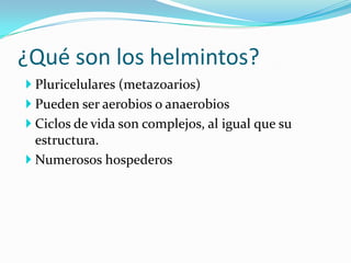 ¿Qué son los helmintos?
 Pluricelulares (metazoarios)
 Pueden ser aerobios o anaerobios
 Ciclos de vida son complejos, al igual que su
estructura.

 Numerosos hospederos

 