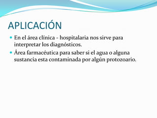 APLICACIÓN
 En el área clínica - hospitalaria nos sirve para

interpretar los diagnósticos.
 Área farmacéutica para saber si el agua o alguna
sustancia esta contaminada por algún protozoario.

 