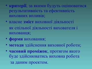 • критерії, за якими будуть оцінюватися
результативність та ефективність
виховних впливів;
• власне зміст виховної діяльності
як спільної діяльності вихователя і
вихованця;
• форми виховання;
• методи здійснення виховної роботи;
• часовий проміжок, протягом якого
буде здійснюватись виховна робота
за даним проектом.

 