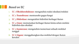 Based on EC
1. EC 1 Oksidoreduktase: mengatalisis reaksi oksidasi/reduksi
2. EC 2 Transferase: mentransfer gugus fungsi
3. EC 3 Hidrolase: mengatalisis hidrolisis berbagai ikatan
4. EC 4 Liase: memutuskan berbagai ikatan kimia selain melalui
hidrolisis dan oksidasi
5. EC 5 Isomerase: mengatalisis isomerisasi sebuah molekul
tunggal
6. EC 6 Ligase: menggabungkan dua molekul dengan ikatan
kovalen

 